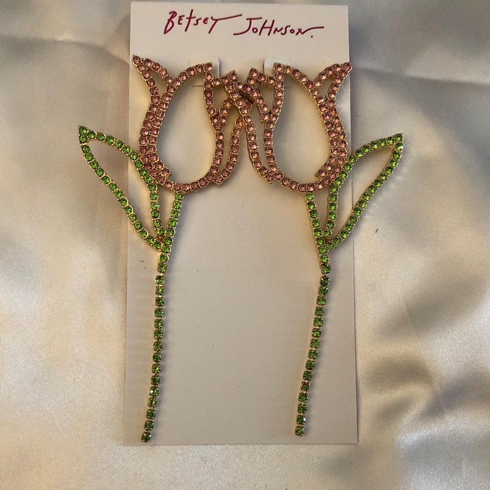 Betsey Johnson Spring Chick Tulip Statement Drop Earrings Crystal Accents NWT